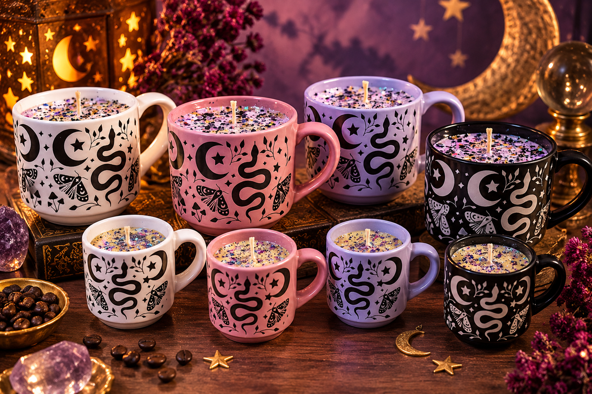 Mystic Moon Mug Candle | Celestial Snake & Moth Ceramic Candle | Reusable Mug