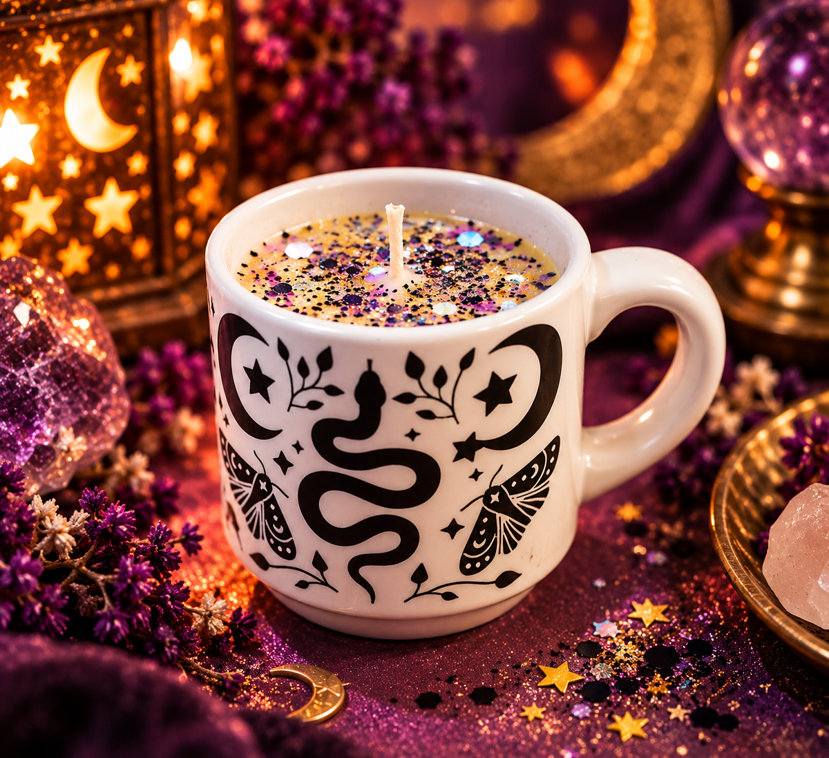 Mystic Moon Mug Candle | Celestial Snake & Moth Ceramic Candle | Reusable Mug