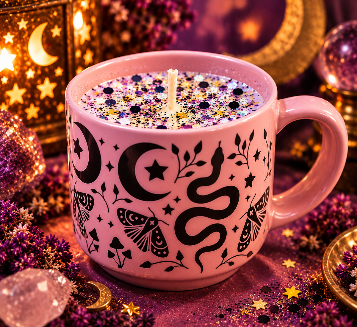Mystic Moon Mug Candle | Celestial Snake & Moth Ceramic Candle | Reusable Mug