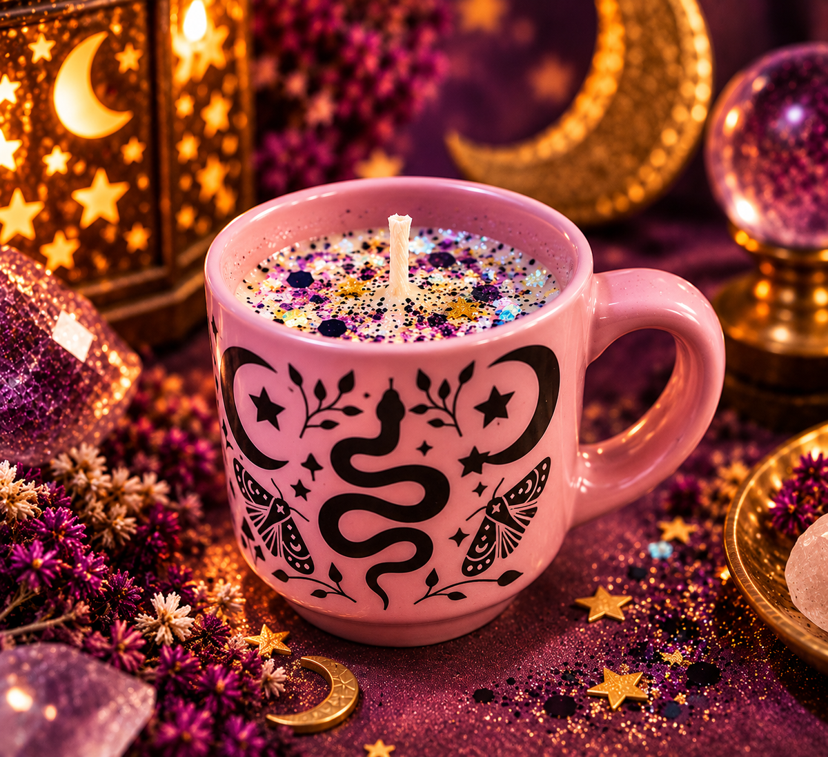 Mystic Moon Mug Candle | Celestial Snake & Moth Ceramic Candle | Reusable Mug