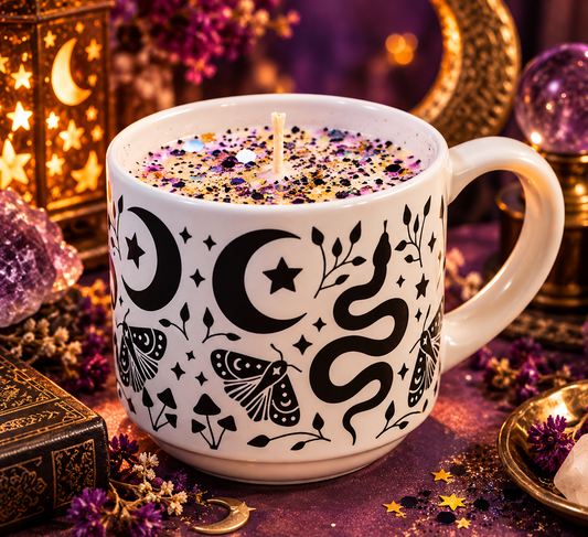 Mystic Moon Mug Candle | Celestial Snake & Moth Ceramic Candle | Reusable Mug