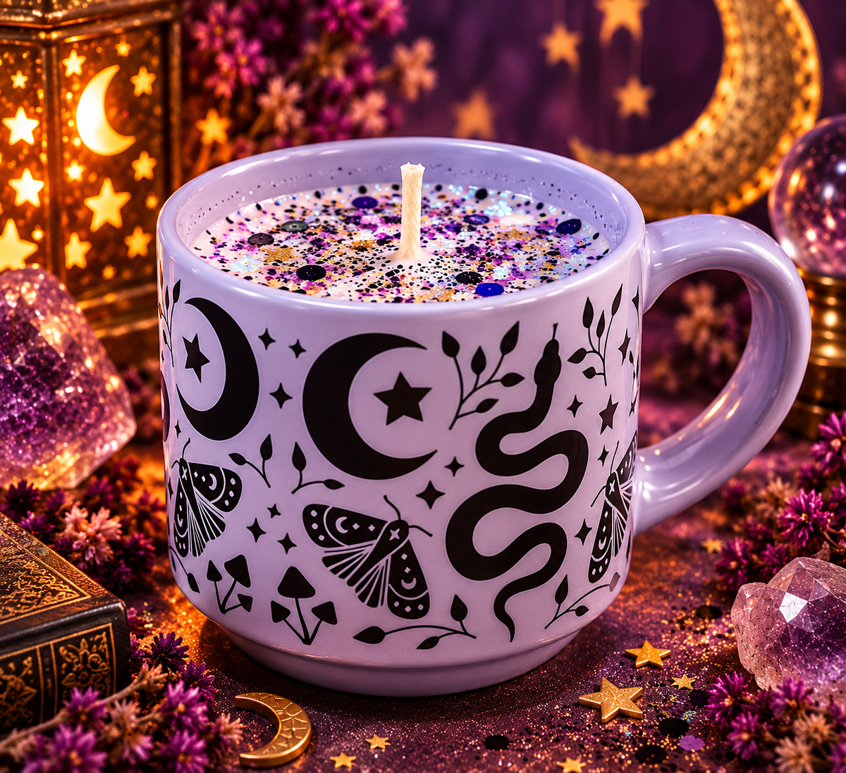 Mystic Moon Mug Candle | Celestial Snake & Moth Ceramic Candle | Reusable Mug