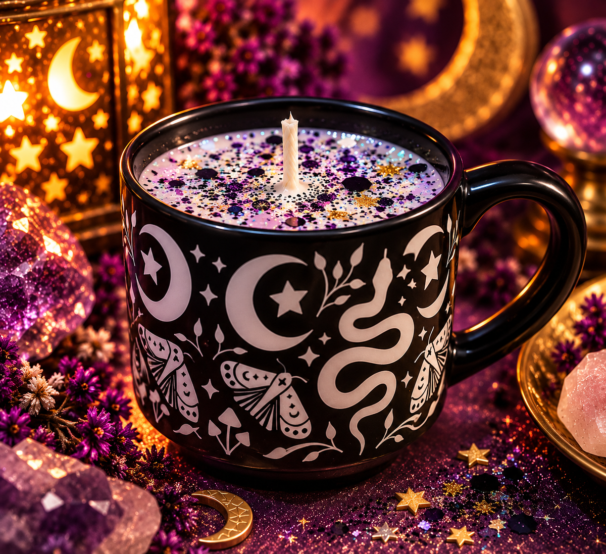 Mystic Moon Mug Candle | Celestial Snake & Moth Ceramic Candle | Reusable Mug