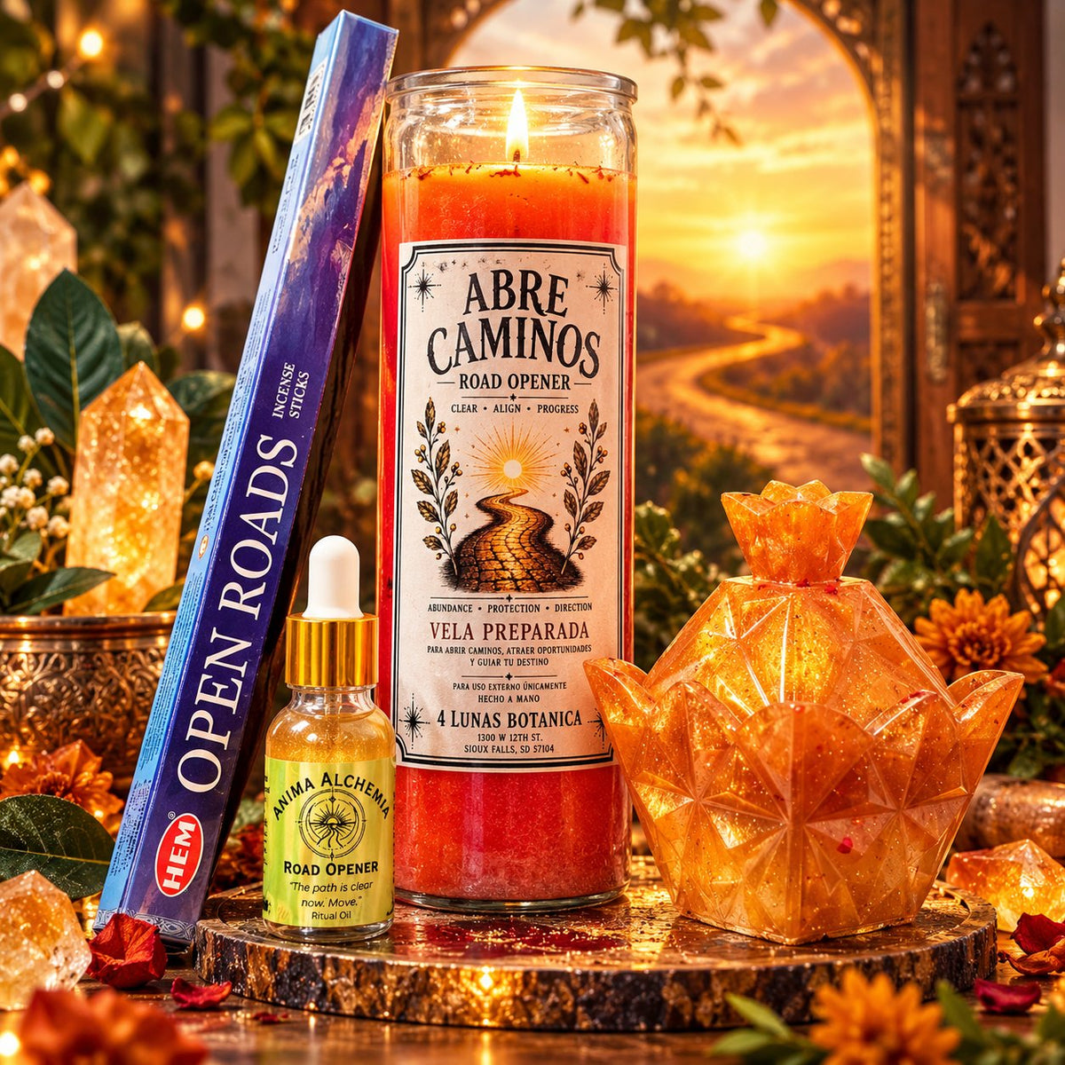Abre Caminos ritual kit — styled scene photo