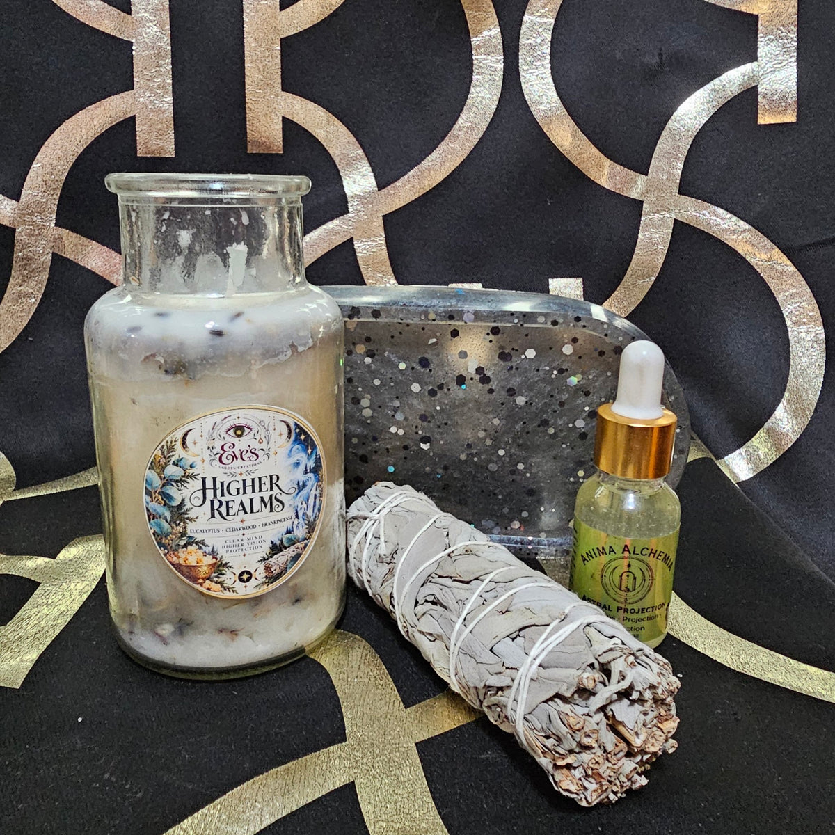 Higher Realms Ritual Gift Set — all pieces with black glitter resin tray