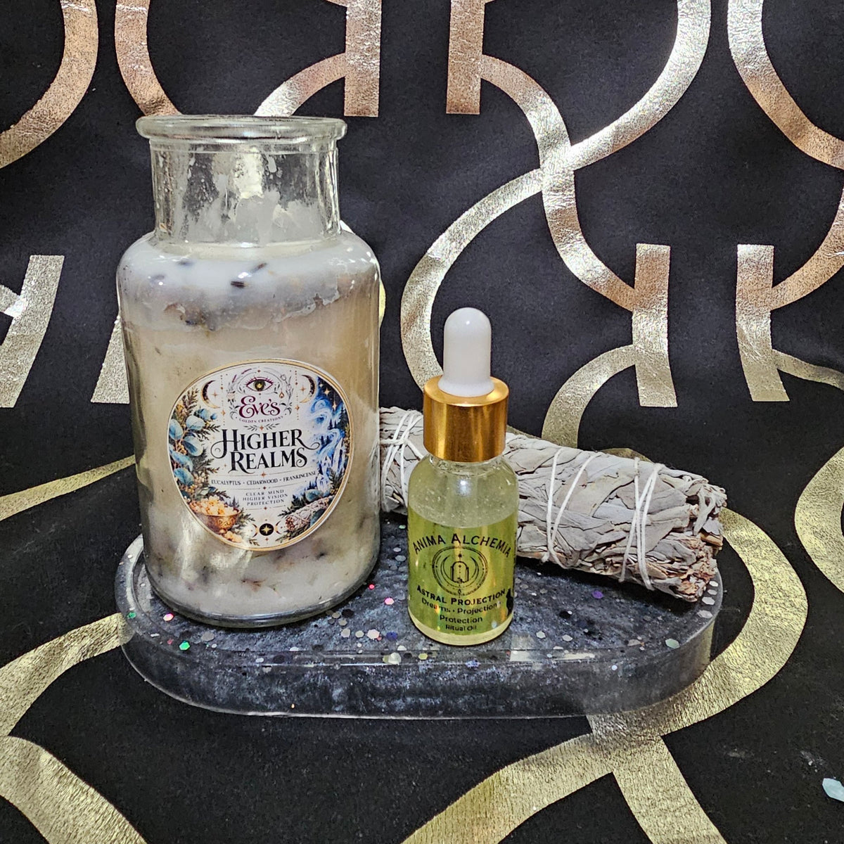 Higher Realms Ritual Gift Set — candle, Astral Projection oil, white sage, resin tray
