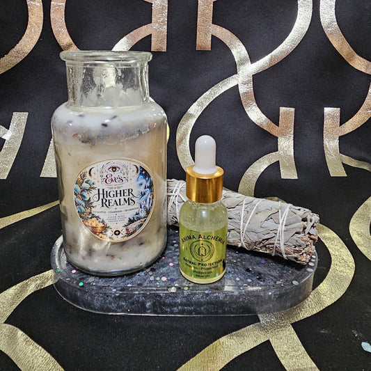 Higher Realms Ritual Gift Set — candle, Astral Projection oil, white sage, resin tray
