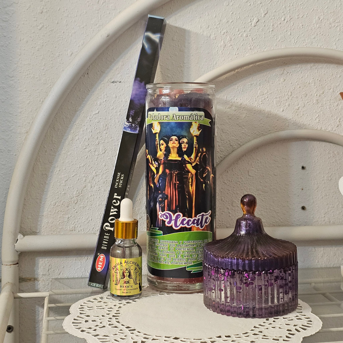 Hekate ritual kit — candle, Hekate ritual oil, Divine Power incense, purple resin trinket jar (real photo)