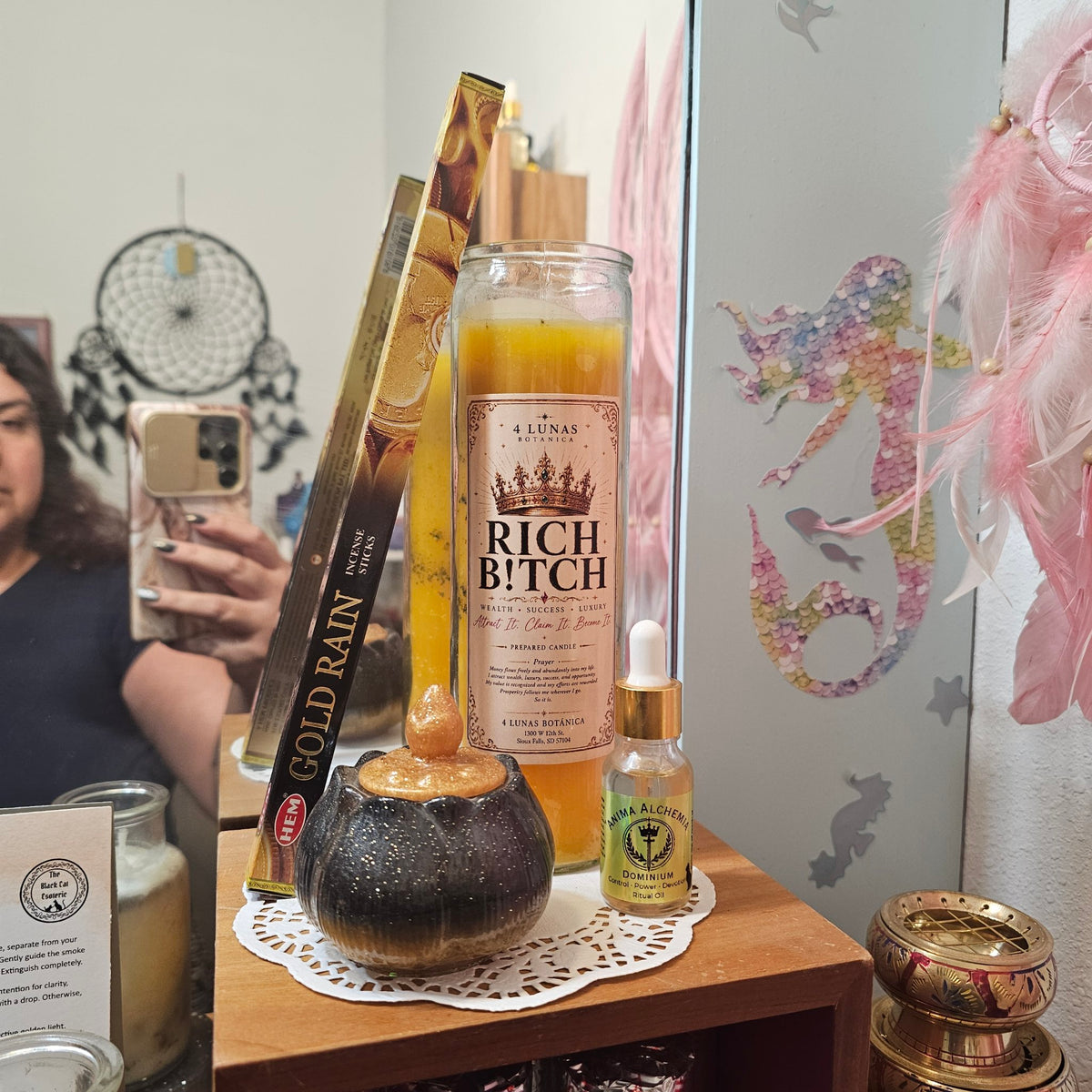 Rich B!tch ritual kit — candle, DOMINIUM ritual oil, Gold Rain incense, black-and-gold resin trinket jar (real photo)