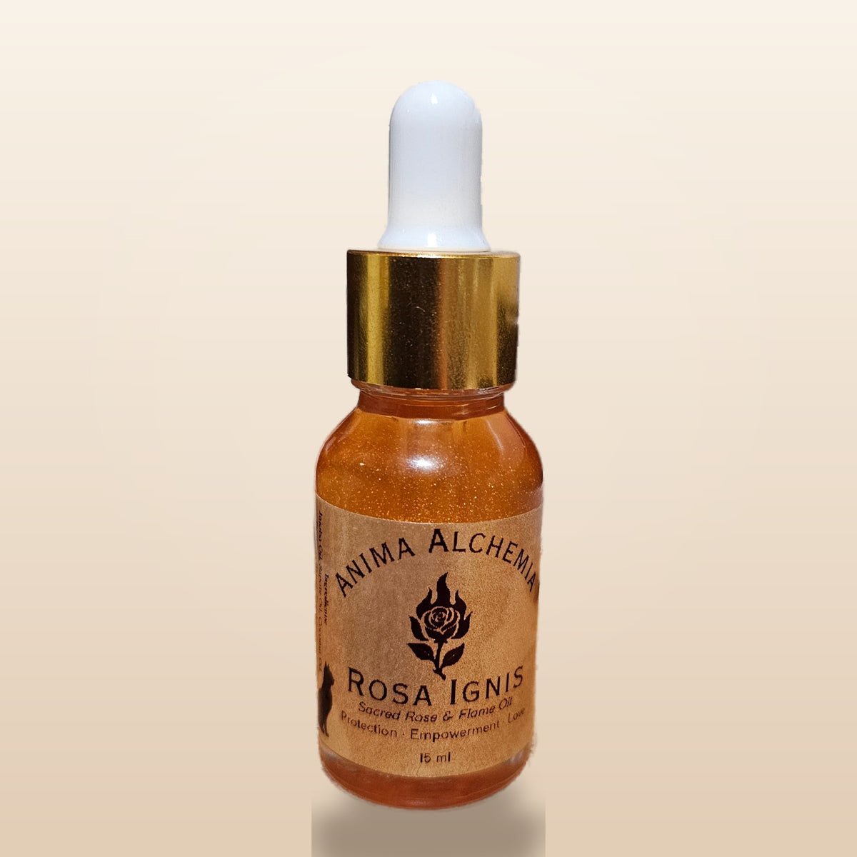 Rosa Ignis ritual oil bottle, Anima Alchemia 15 ml — golden rose-flame oil with dropper cap