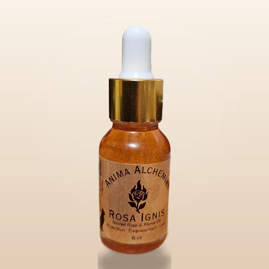 Rosa Ignis ritual oil bottle, Anima Alchemia 15 ml — golden rose-flame oil with dropper cap