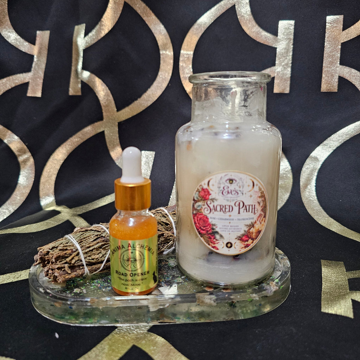 Sacred Path Ritual Gift Set — candle, Road Opener oil, cedar bundle, resin tray